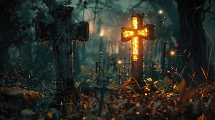 A cross standing in the middle of a dark forest. Suitable for religious or spooky themes