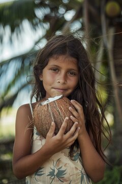 Young girl holding a coconut, versatile image for tropical concepts