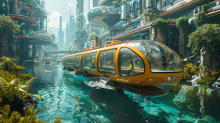Conceptual amphibious public transport, futuristic cityscape, seamless urban to aquatic transition,...