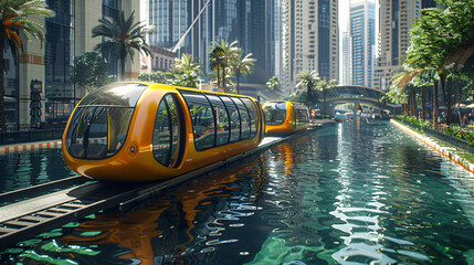 Fototapeta premium Conceptual amphibious public transport, futuristic cityscape, seamless urban to aquatic transition, eco-friendly design, mass