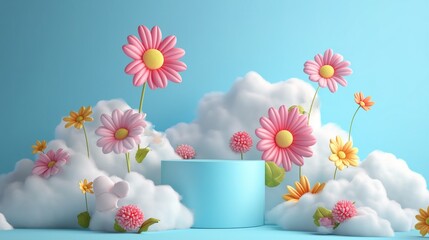 Minimal display podium with flowers and clouds background.