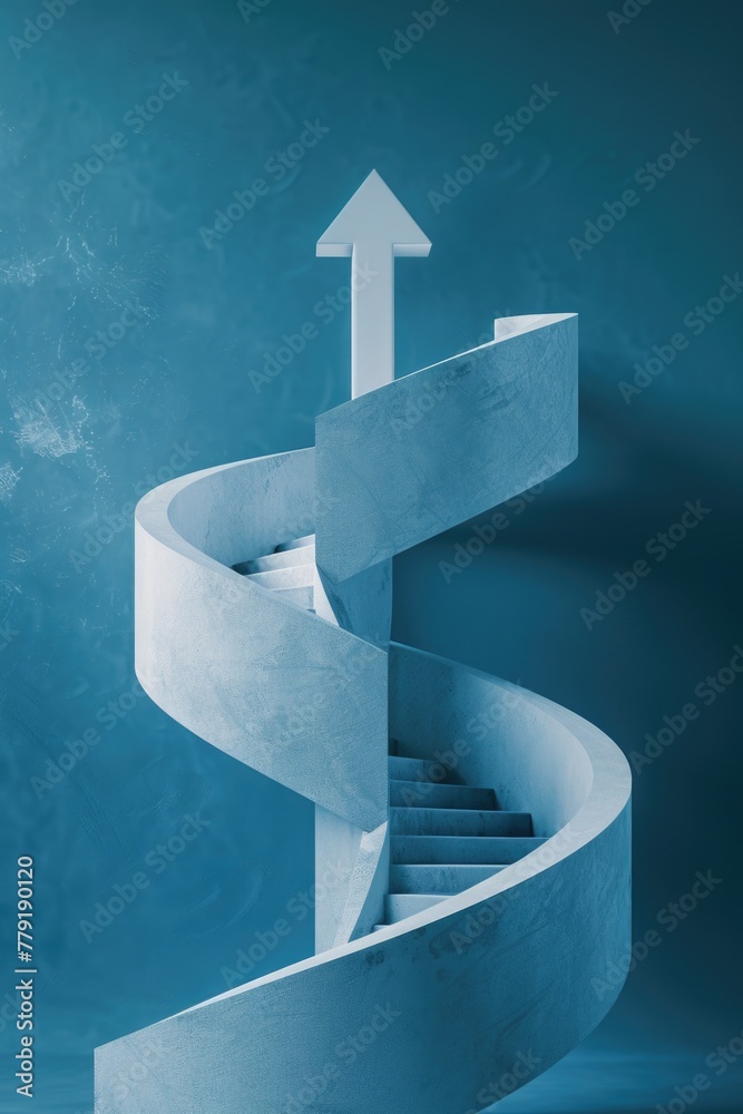 Poster A spiral staircase with an arrow pointing upward. Suitable for business concepts
