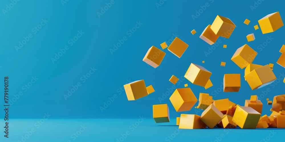 Poster Yellow cubes floating in mid-air. Suitable for abstract concepts