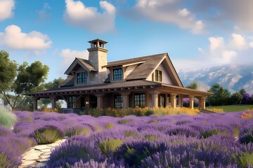 A craftsman house with a light-colored exterior, surrounded by blooming lavender fields, releasing a soothing fragrance.