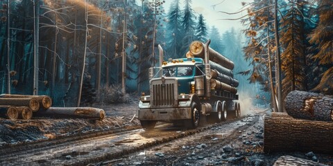 A truck driving down a dirt road next to a forest. Suitable for transportation and nature themes