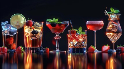 Assorted cocktails on a table, perfect for bar or party themes
