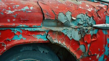 A weathered red car with peeling paint. Suitable for automotive industry promotions - obrazy, fototapety, plakaty