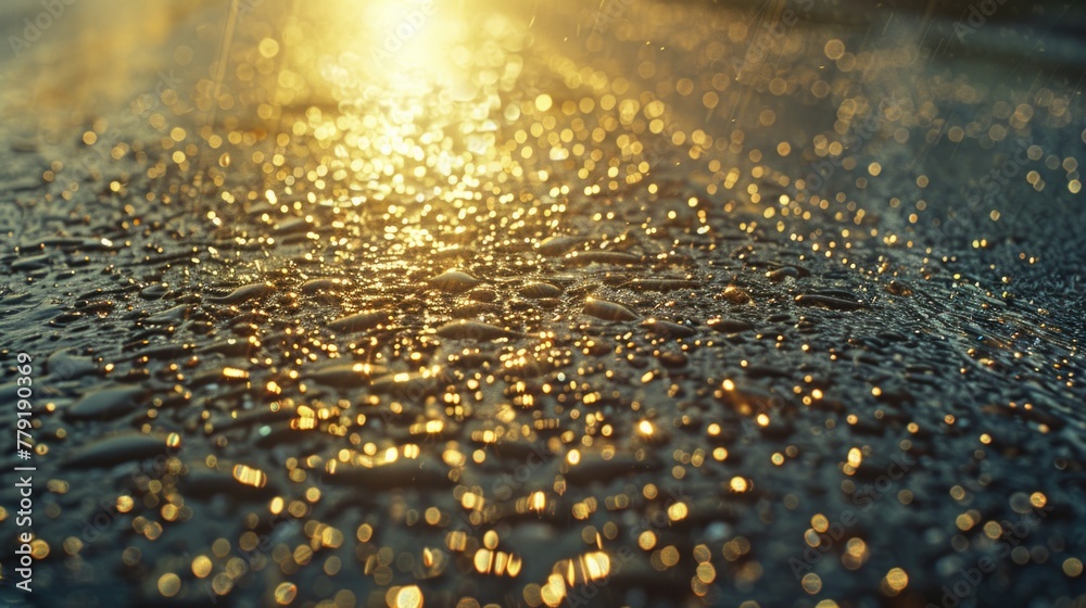 Poster Close up of wet surface with sun in background. Perfect for nature and weather concepts