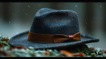 a stylish fedora hat with a tweed brim and leather band, elegantly displayed against a backdrop of deep forest green, exuding classic charm and refined elegance - obrazy, fototapety, plakaty