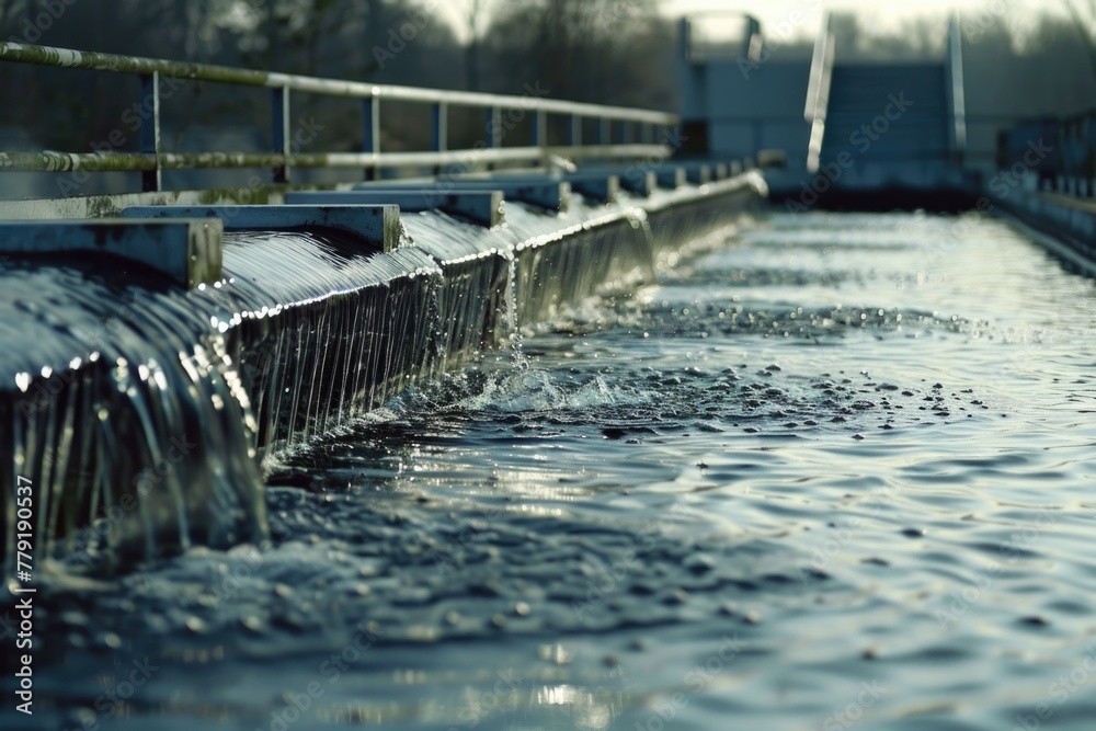 Poster Water flowing down the side of a bridge. Suitable for architectural and urban design projects
