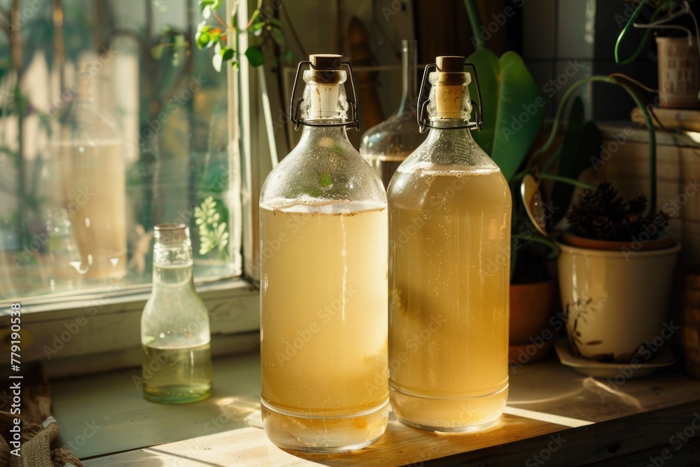 Aufkleber two bottles of liquid sitting on a window sill, suitable for various design projects