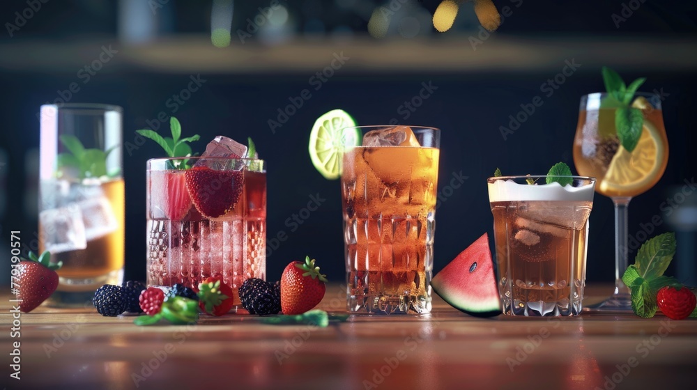 Poster various beverages neatly arranged on a table, suitable for food and drink concepts