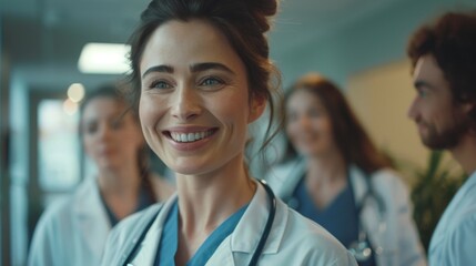 A woman with a stethoscope leading a group of doctors. Perfect for medical and healthcare concepts