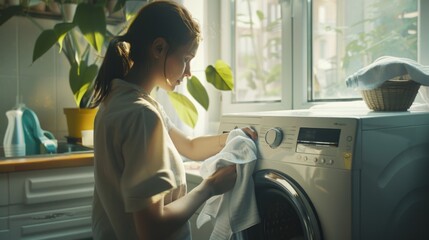 Woman doing laundry with washing machine, suitable for household chores concept - obrazy, fototapety, plakaty
