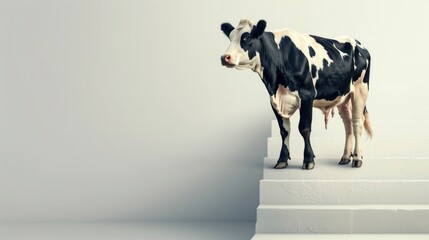 A black and white cow standing on a step. Suitable for agricultural or farm related projects