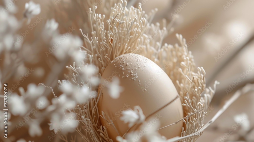 Poster a close up of a white egg in a nest. perfect for easter and spring themed designs