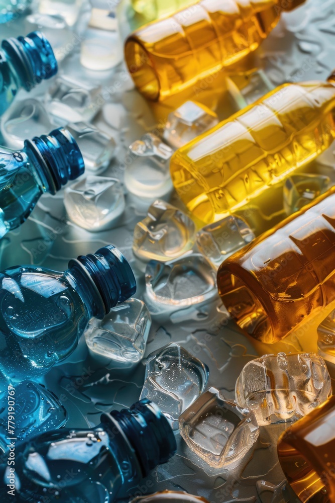 Poster close up of multiple water bottles on a table. great for hydration concept