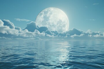 Full moon rising over a body of water. Suitable for night sky or nature backgrounds