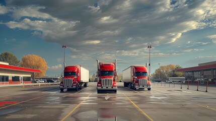 Two red semi trucks parked in a parking lot. Suitable for transportation industry promotions