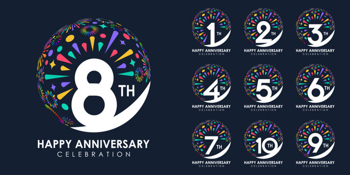 set of 1 to 10th anniversary logotype design, with colorful fireworks for celebration event, wedding, and birthday, vector illustration