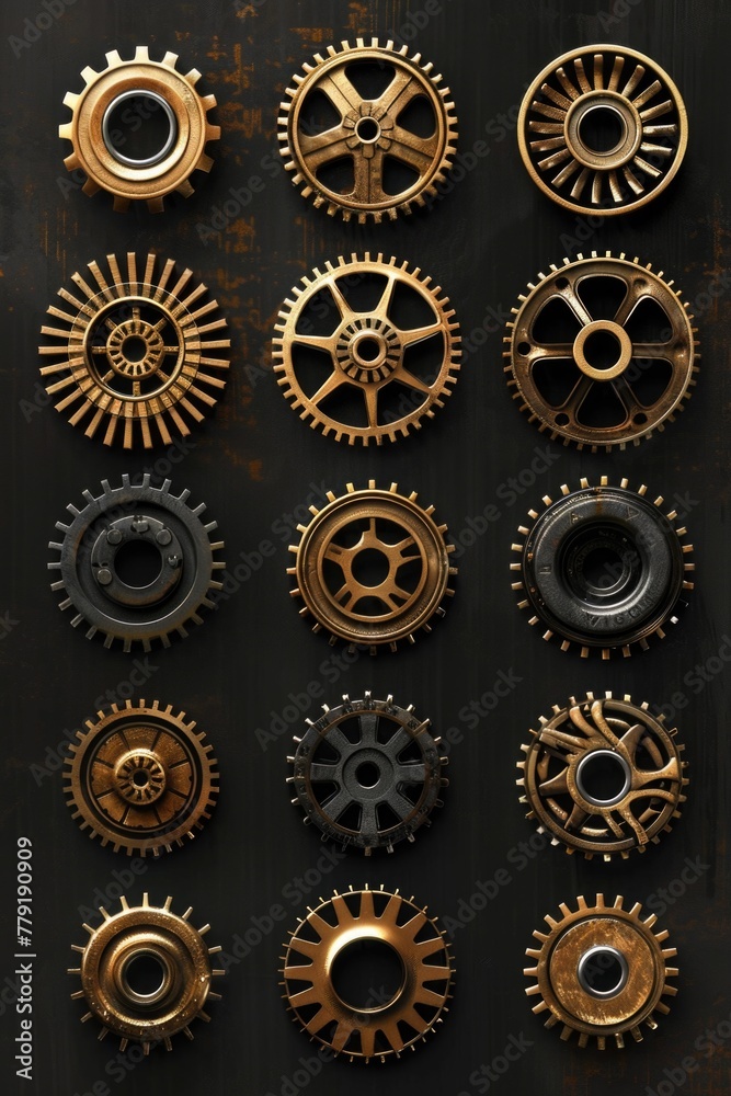Aufkleber assorted gears displayed on a table, perfect for industrial design projects