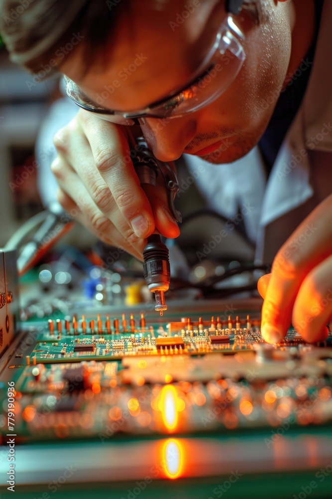 Fototapete close-up of a person working on a circuit board, suitable for technology and electronics concepts