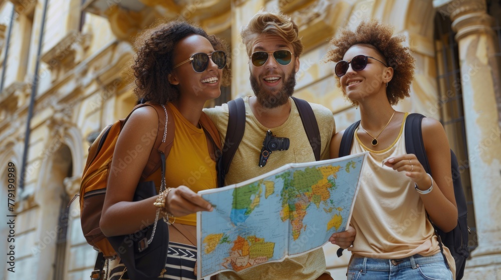 Poster group of three individuals standing with a map, perfect for travel concepts