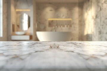 A luxurious marble counter top with a bathtub in the background. Perfect for interior design concepts