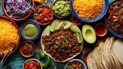 A colorful and vibrant taco spread, filled with seasoned ground beef, fresh salsa, guacamole, and shredded cheese.
