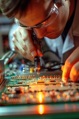 Close-up of a person working on a circuit board, suitable for technology and electronics concepts