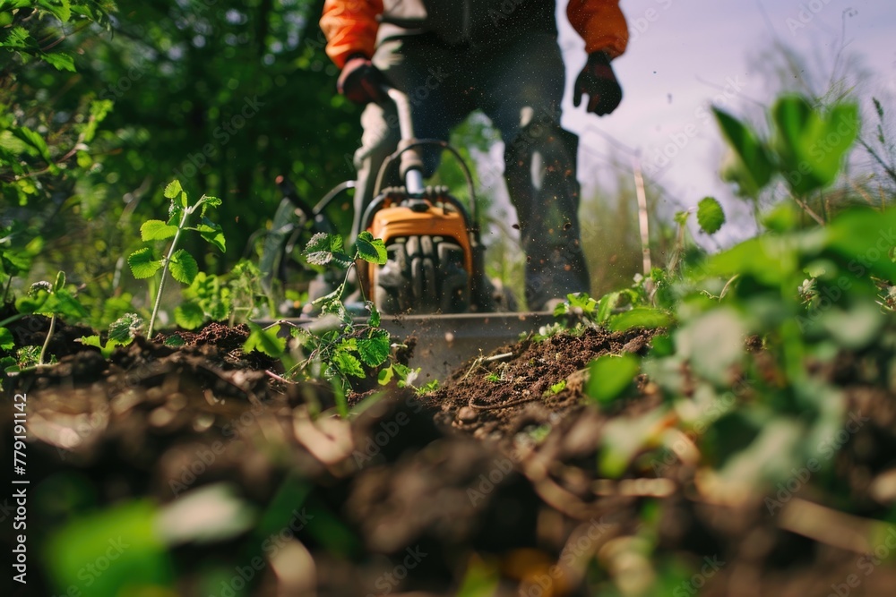 Poster a man operating a chainsaw in a garden. suitable for landscaping or diy projects