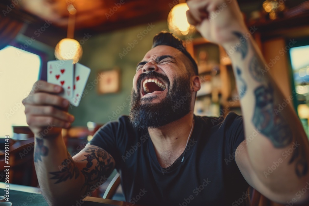 Poster A man with a beard holding up a playing card. Suitable for gambling or game concepts