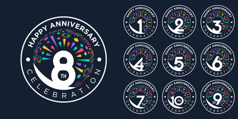 set of 1 to 10th anniversary logotype design, with colorful fireworks for celebration event, wedding, and birthday, vector illustration