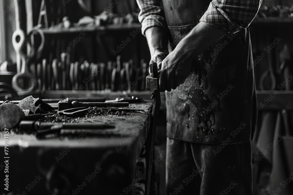 Aufkleber a black and white photo of a man working in a workshop. suitable for industrial and craftsmanship th