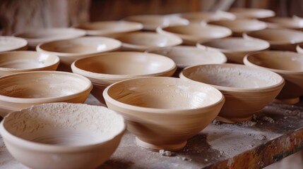 A collection of bowls placed on a table. Suitable for kitchen or dining concepts