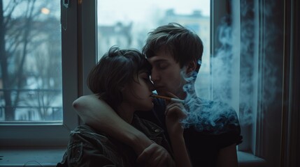 A man and a woman smoking cigarettes by a window. Suitable for lifestyle and addiction concepts - obrazy, fototapety, plakaty