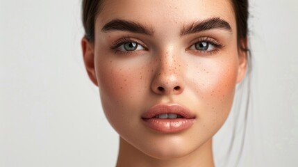 Close-up shot of a woman with freckles. Great for beauty and skincare concepts