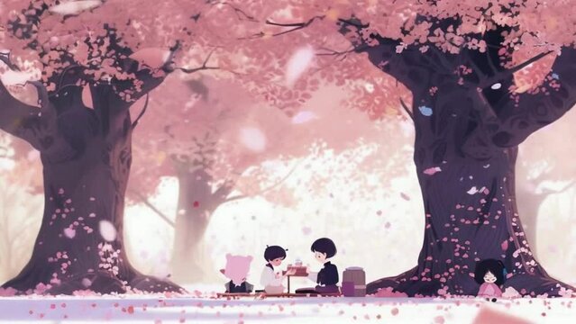 Characters enjoy a picnic beneath a canopy of cherry blossom trees, with petals drifting lazily in the wind and a gentle breeze rustling the leaves, cute Lofi loop anime Seamless looping animation.