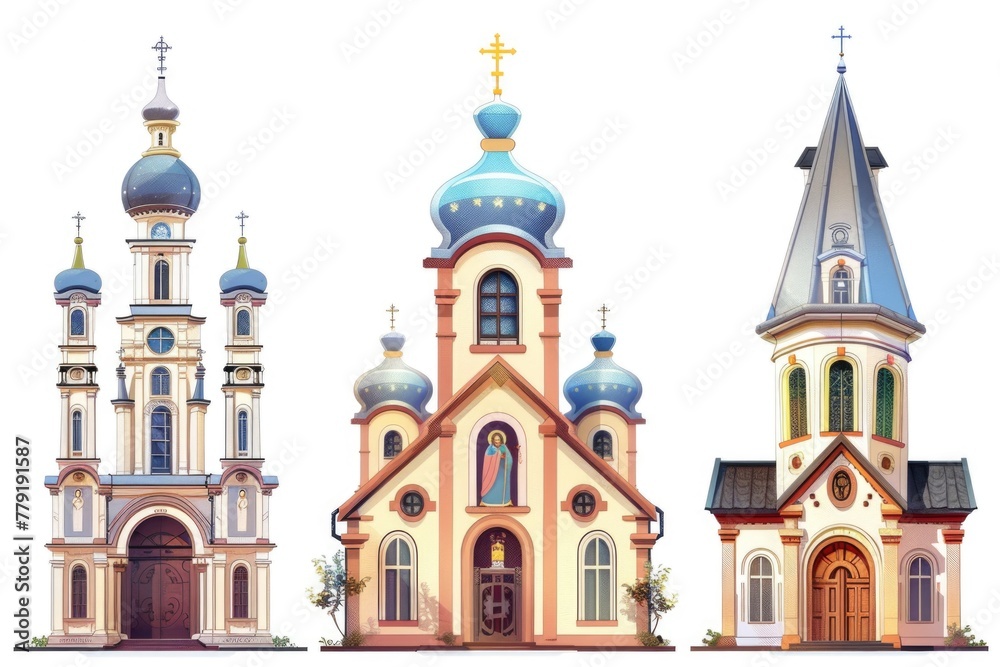 Poster A group of three different colored buildings with domes. Suitable for architectural and travel concepts