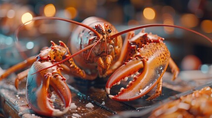 A close up of a lobster on a table. Perfect for seafood restaurant promotions