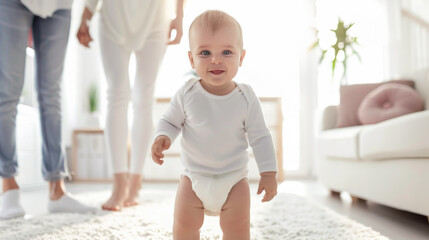 Beautiful baby in diapers and white shirt making first steps in the living room, parents standing behind, blurred background.