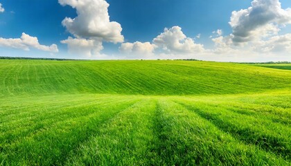 Fototapeta premium Summer Symphony: Green Field of Cut Grass and Fluffy Clouds in the Sky