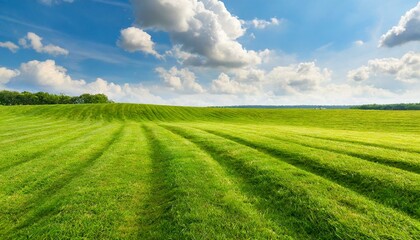 Fototapeta premium Sunny Meadows: Scenic View of a Green Field and Cloudy Blue Sky