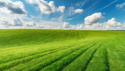 Fototapeta na wymiar Nature's Canvas: Perfect Green Lawn and Blue Sky Merge in Panoramic Bliss