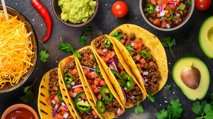 A colorful and vibrant taco spread, filled with seasoned ground beef, fresh salsa, guacamole, and...