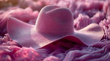 floppy sun hat in blush pink, delicately isolated on a background of soft lavender, accentuating its feminine style and sun-shielding functionality, in cinematic 16k high resolution.