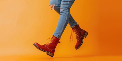 A woman in red boots walking on an orange background. Perfect for fashion or lifestyle concepts