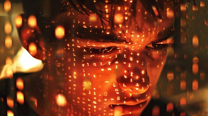 A face illuminated by a digital glow, with digits and data streaming over skin, evoking the fusion of humanity and technology.