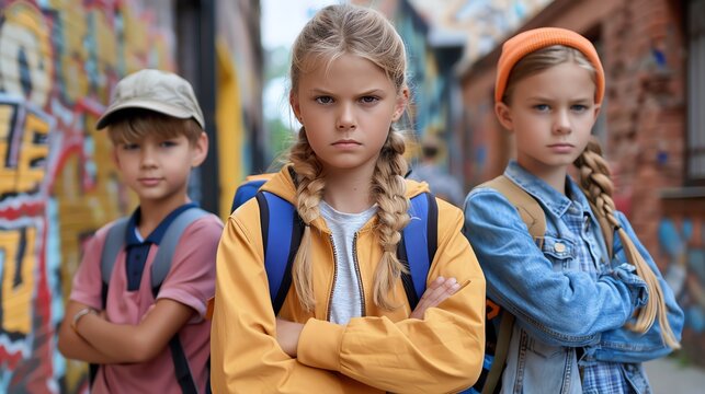 Three determined children stand before a vibrant graffiti wall, their expressions and body language projecting confidence and solidarity in the face of adversity.