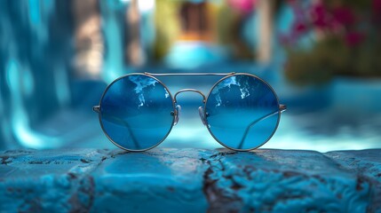 round sunglasses with reflective lenses, catching the light against a backdrop of vibrant tropical teal, evoking the carefree spirit and adventurous style of summertime escapades